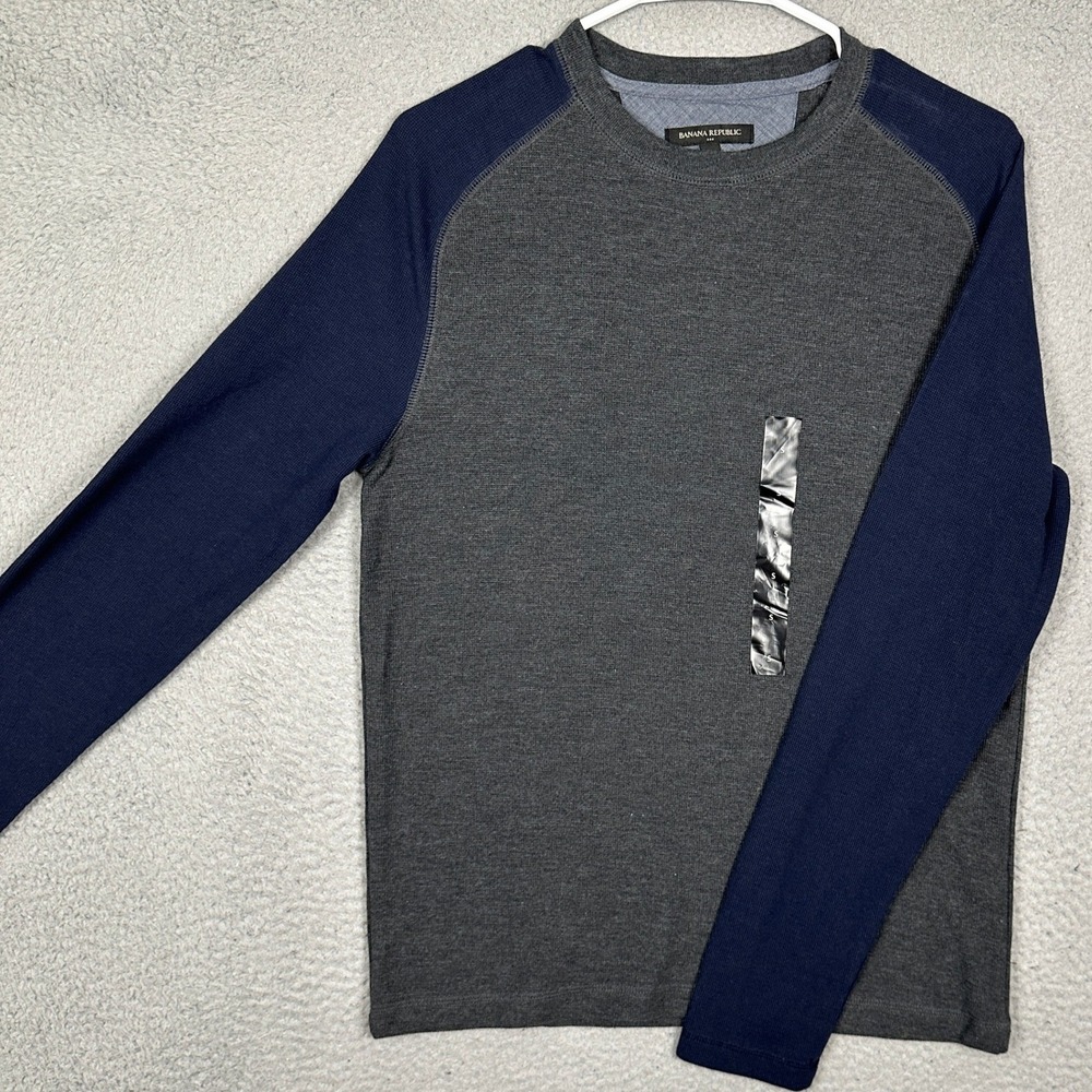 NEW Banana Republic Shirt Mens Small Dark Grey Navy Thermal Raglan Waffle Knit